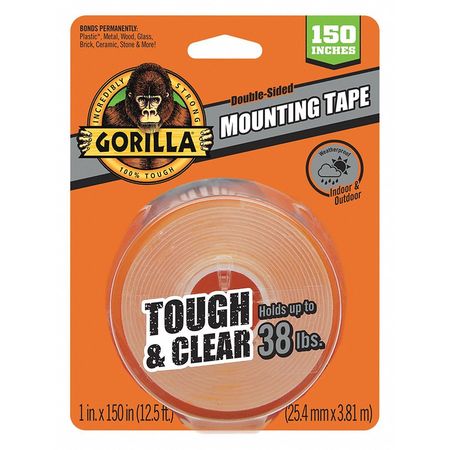 GORILLA Double Sided Tape, Clear, 12 ft. L, Rubber