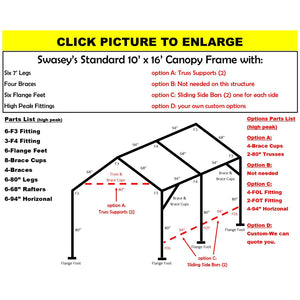 10 x 16 x 1 3/8" HD Canopy Frame with six 7' legs, includes flange feet and braces