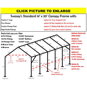 14 x 30 x 1"  Canopy Frame with tweleve 7' legs, includes flange feet and braces