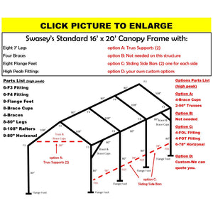 16 x 20 x 1 3/8" HD Canopy Frame with eight 7' legs, includes flange feet and braces