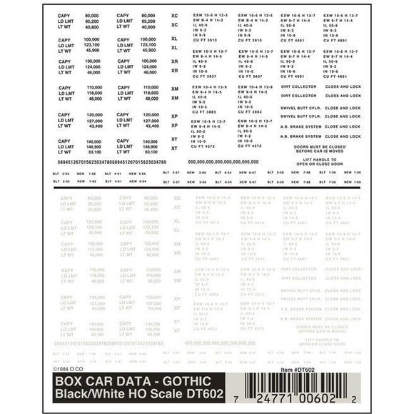 DT602 HO Boxcar Data Gothic, Black/White